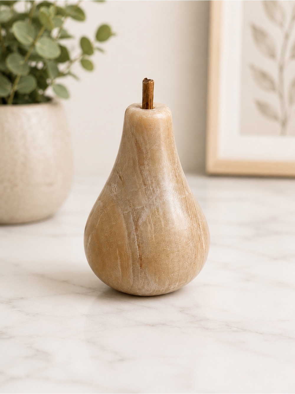 Vintage Marble Pear Figurine Alabaster Stone Fruit Decor Beige Cream Flat Bottom